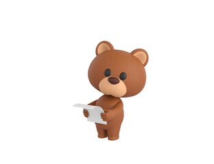 Little Bear character reading paper and looking to camera in 3d rendering.