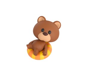 Little Bear character sitting on the inflatable ring in 3d rendering.