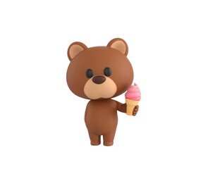 Fototapeta premium Little Bear character holding strawberry ice cream cone in 3d rendering.