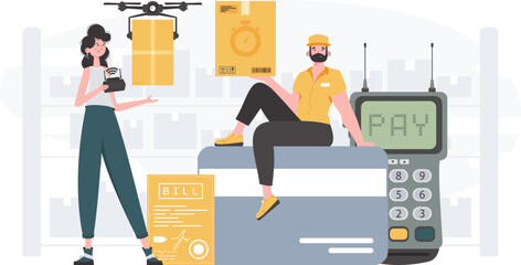 Delivery team. Home delivery concept. Finished poster. Trendy flat style. Vector.