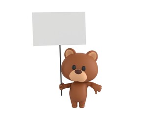 Little Bear character holding a blank billboard and give thumb down in 3d rendering.