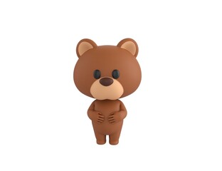 Fototapeta premium Little Bear character keeps both hands on belly in 3d rendering.