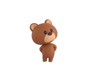 Little Bear character hides hands behind back and look up in 3d rendering.