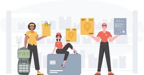 Food and parcel delivery people team. Delivery concept. Finished poster. Cartoon style. Vector.