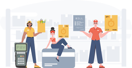 Food and parcel delivery people team. Delivery concept. Finished banner. trendy style. Vector.