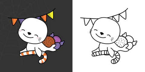 Cute Halloween Seal Clipart for Coloring Page and Illustration. Happy Clip Art Halloween Animal. Cute Vector Illustration of a Kawaii Halloween Sea Calf with Sweets.
