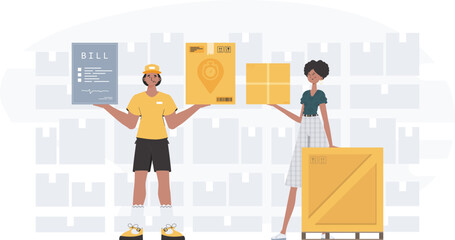Food and parcel delivery people team. Home products. Food delivery. Finished banner. Cartoon style. Vector.