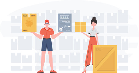 Ready made poster on the theme of home delivery of groceries. Food and parcel delivery people team. trendy style. Vector.