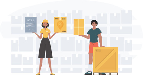 Ready made poster on the topic Products for the home. about food delivery. Delivery team. Trendy flat style. Vector.