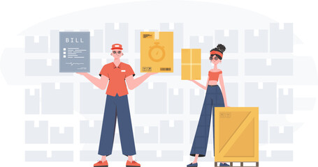 Ready made poster on the topic Products for the home. about food delivery. Food and parcel delivery people team. Trendy flat style. Vector.