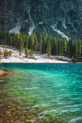Beautiful view on turquoise Baires Lake in the Dolomite mountains in the afternoon. Braies Lake...