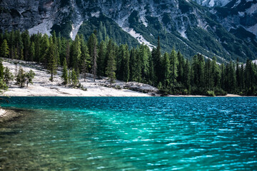Beautiful view on turquoise Baires Lake in the Dolomite mountains in the afternoon. Braies Lake...