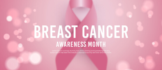 Realistic banner breast cancer awareness month on pink background