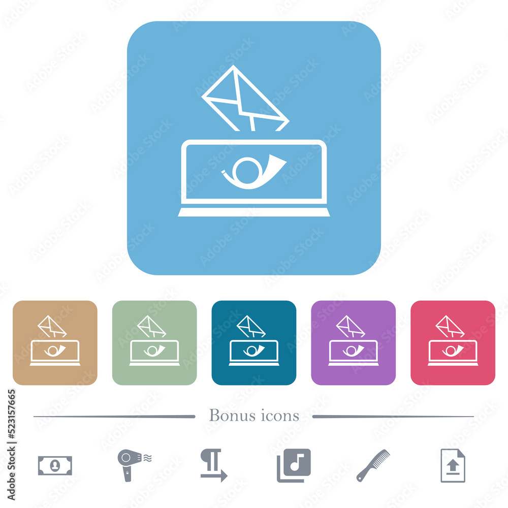 Poster sending mail outline flat icons on color rounded square backgrounds