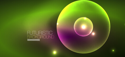 Shiny neon geometric abstract background. Glowing lights on round shapes, triangles and circles. Wallpaper for concept of AI technology, blockchain, communication, 5G, science, business