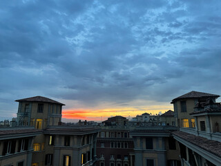 Sunrise over Rome, Italy from the roof of a residential apartment building