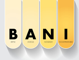BANI - Brittle Anxious Nonlinear Incomprehensible acronym, encompasses instability and chaotic, surprising, and disorienting situations, concept for presentations and reports - obrazy, fototapety, plakaty