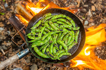アウトドア料理　Cooking edamame (green soybeans) grilled over an outdoor bonfire