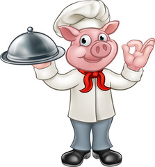 A chef pig cartoon character mascot holding a silver platter cloche food dome tray and doing a perfect hand gesture