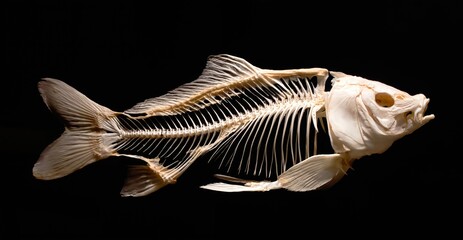 Skeleton of a carp fish isolated against a black background - obrazy, fototapety, plakaty