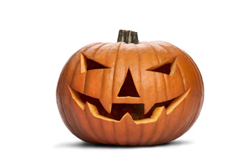 A carved halloween pumpkin with evil eyes and face isolated on a transparent background