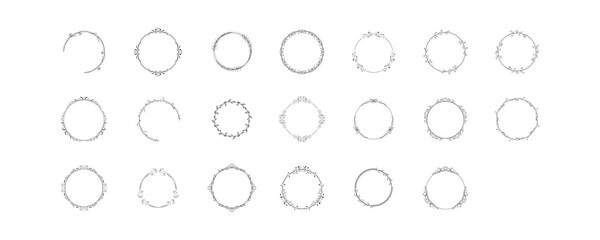 Set Black Simple Line Collection Doodle Round Floral Frame Leaves Elements Vector Design Style Sketch Isolated Illustration For Banner