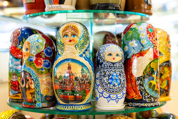 Russian folk souvenirs nesting dolls. Tourism in Russia.