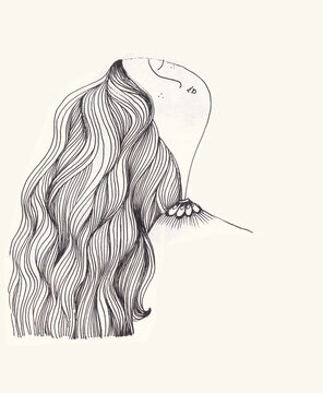 recommend clip art: Girl with beautiful, flowing hair in the wind. Girl character, ink draw, artistic line.. Pretty face with wavy hairstyle.