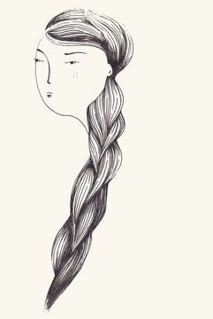Black and white long smoky hair of a beautiful young  girl. Pretty, cute face character graphic illustration. Braided tail hairstyle.