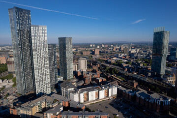 Manchester City Centre Drone Aerial View Above Building Work Skyline Construction Blue Sky Summer...