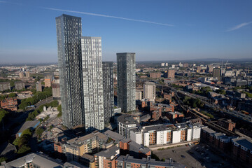 Manchester City Centre Drone Aerial View Above Building Work Skyline Construction Blue Sky Summer Beetham Tower Deansgate Square 2022.