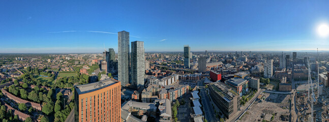 Panoramic Manchester City Centre Drone Aerial View Above Building Work Skyline Construction Blue Sky Summer Beetham Tower Deansgate Square 2022.