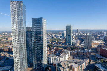 Manchester City Centre Drone Aerial View Above Building Work Skyline Construction Blue Sky Summer...