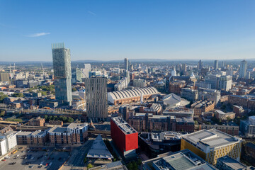 Manchester City Centre Drone Aerial View Above Building Work Skyline Construction Blue Sky Summer...