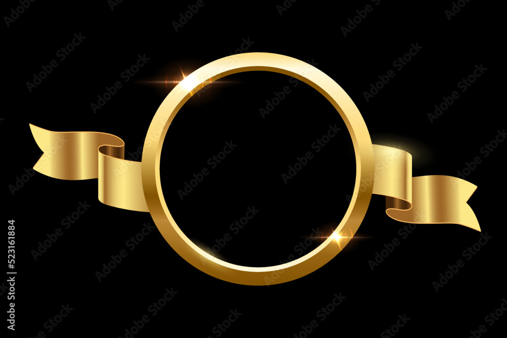 Poster golden ring with gradient light effect and ribbon on sides, 3d shiny circle frame