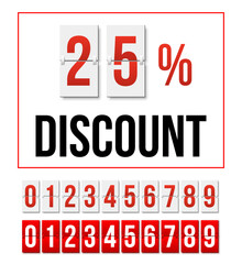 Discount special offer, poster template for season sales in store vector illustration. Black 25 percent discount text with mechanical scoreboard, collection of red and white flip numbers from 0 to 9