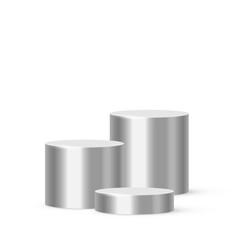 3d podium platform cylinders, silver pedestal stages for product presentation or winner