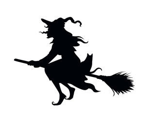 Vector black silhouette of a witch flying on broom with her cat