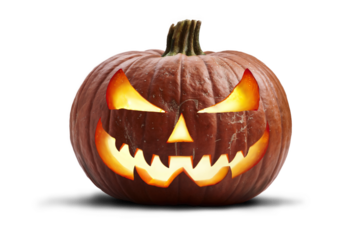A single lit spooky halloween pumpkins, Jack O Lantern with evil face and eyes isolated against a transparent background.