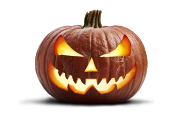 Zelfklevend Fotobehang A single lit spooky halloween pumpkins, Jack O Lantern with evil face and eyes isolated against a transparent background. © Duncan Andison