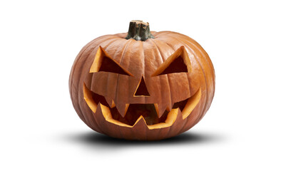 A carved halloween pumpkin with evil eyes and face isolated on white. - Powered by Adobe