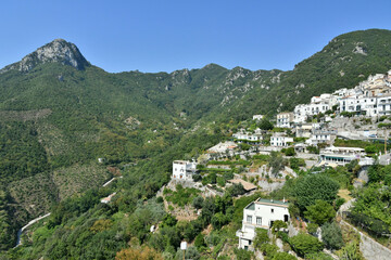 Panoramic view of the village of Albori, on the mountains of the Amalfi coast in Italy.
