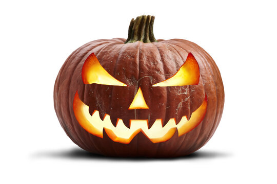 A single lit spooky halloween pumpkins, Jack O Lantern with evil face and eyes isolated against a white background.