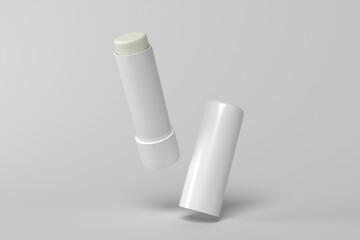 3d render mockup flying empty white packing chapstick or lip balm