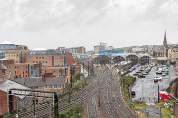 Newcastle upon Tyne England - 6th Oct 2019 Newcastle Skyline and rail tracks view of the city from...