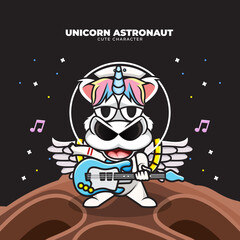 Cute cartoon character of unicorn astronaut playing guitar