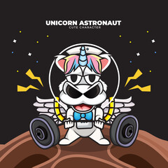 Cute cartoon character of unicorn astronaut lifting barbell
