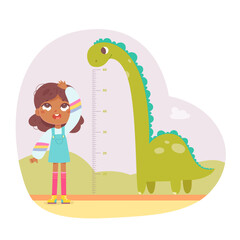 Kid height measure chart for kindergarten or home vector illustration. Cartoon black girl wanting to grow to height of tall dinosaur, standing against dino and inch ruler for growth measurement