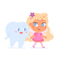 Tooth fairy and kids molar characters walking, cheerful little godmother visiting baby