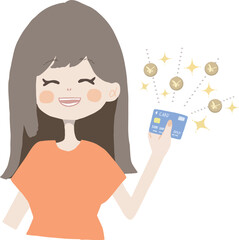 お金があって嬉しい表情の女の子のイラスト（クレジットカードバージョン）